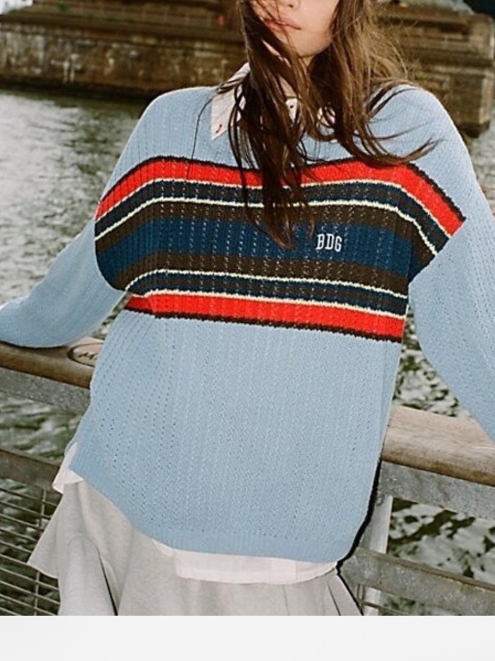 Urban Outfitters BDG Oversized Light Blue Striped Knit V-Neck Sweater